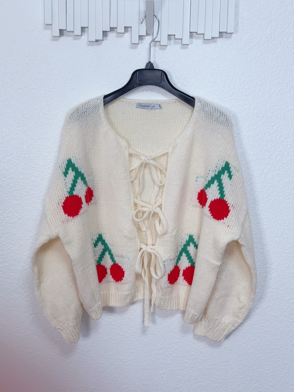 Miss Sparkling Cream Cherry Cardigan Lace Up Tie Front Graphic Knit Sweater